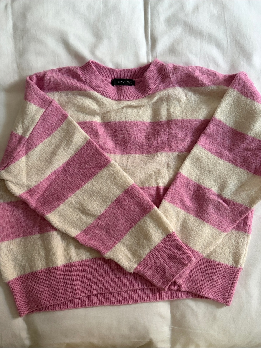 Mango Pink and Cream Wide-Stripe Crewneck Sweater